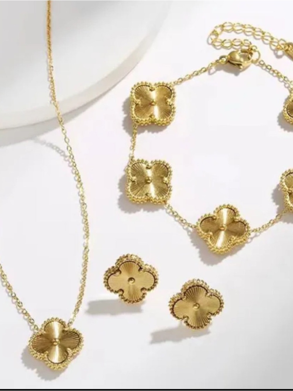 18k gold plated stainless Gold Flower Clover Necklace, Bracelet & Earring Set